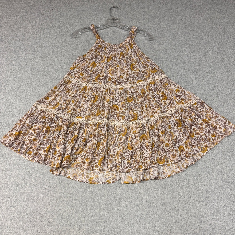 Aqua Floral Tiered Boho Sleeveless Top XS Yellow Brown Crochet Lace Trim Ruffle